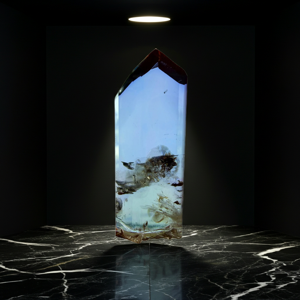 A tall, clear unheated tanzanite crystal with a pointed top, containing natural inclusions and a light blue sky-like interior, displayed on a black marble surface against a dark background under a spotlight.