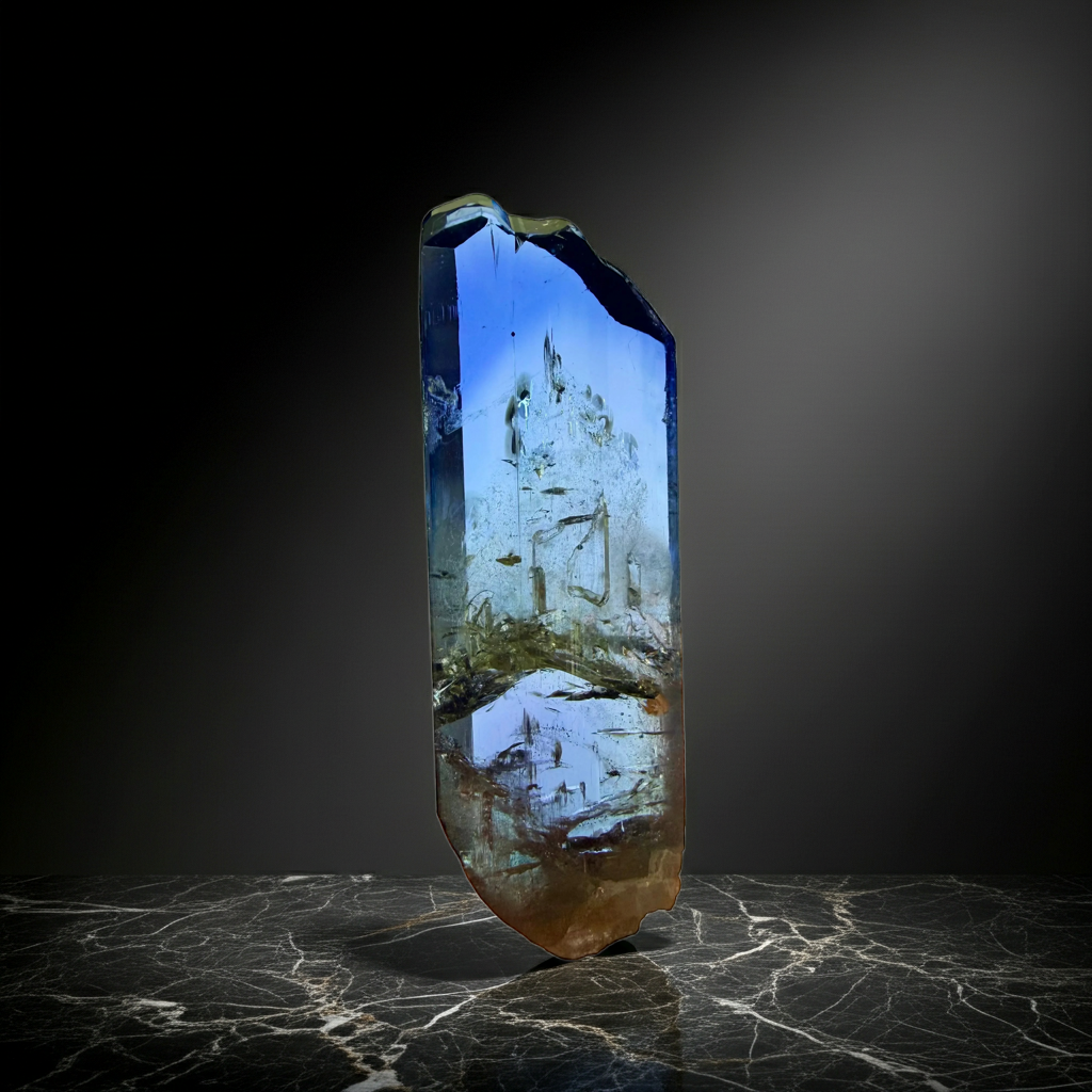 A large natural blue tanzanite crystal point with inclusions of tree branches and moss, standing upright on a dark marble surface against a dark gray gradient background.