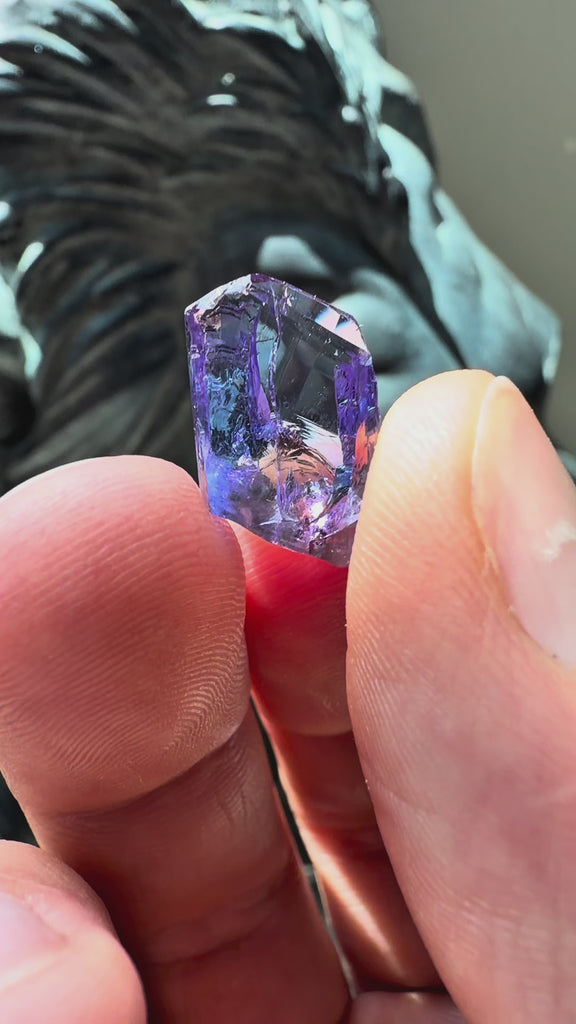 Video showing an unheated gem clean tanzanite crystal specimen with trichroic color shifts